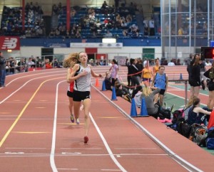 Julia crossing the line at the Molloy Stanner Games Invitational Mile ahead of NYSAIS rival Paris Calcagnini of Sacred Heart in 5:04.86. Photo by Kyle Brazeil.