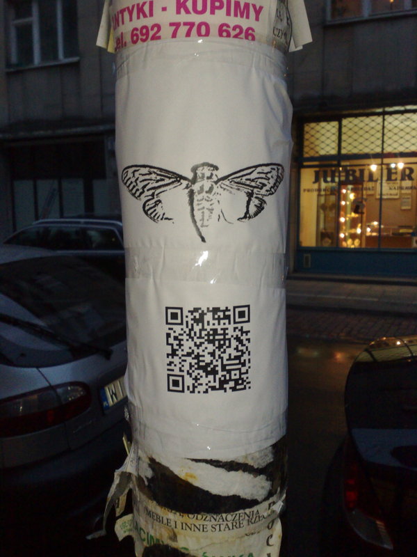 A poster with a QR code for the Cicada 3301.
Photo courtesty of Wikimedia Commons user Afrodo.