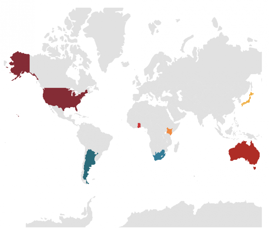 A map showing the various countries from which exchange students visited this year.