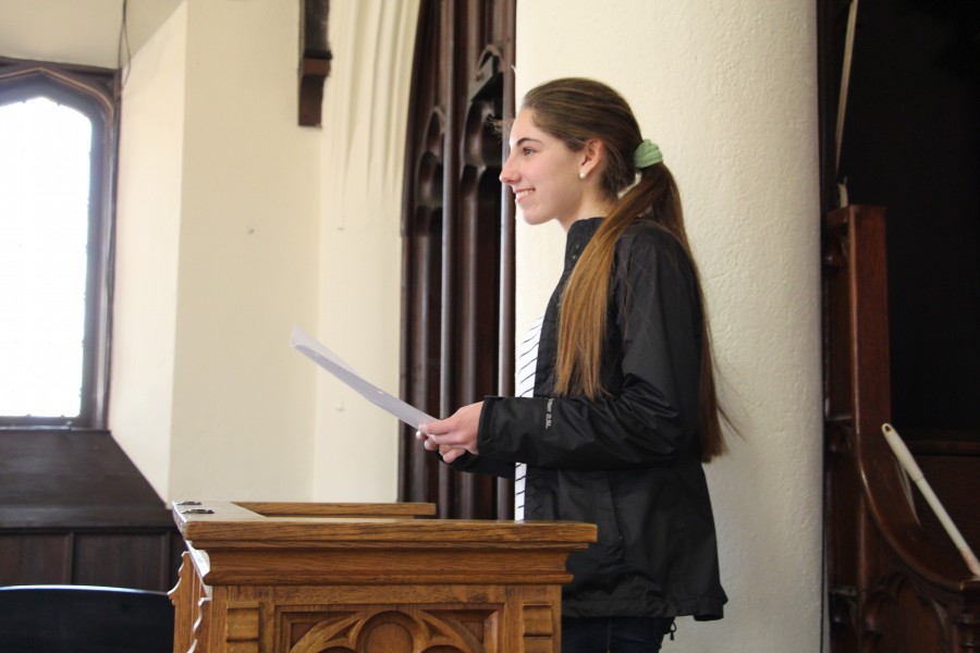 Senior Lindsay Schechter delivers her Chapel Talk about not accepting labels as identity in high school.