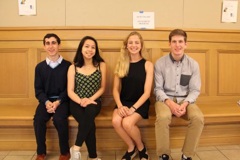 The Board of Magistrates (from left to right: Benjy Renton, Izzy Ampil, Catherine Meyer and Will Jones) attend a Council meeting.