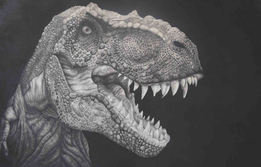 Sophomore Demetra Yancopoulos’s T-Rex drawing wows Art Show attendees.