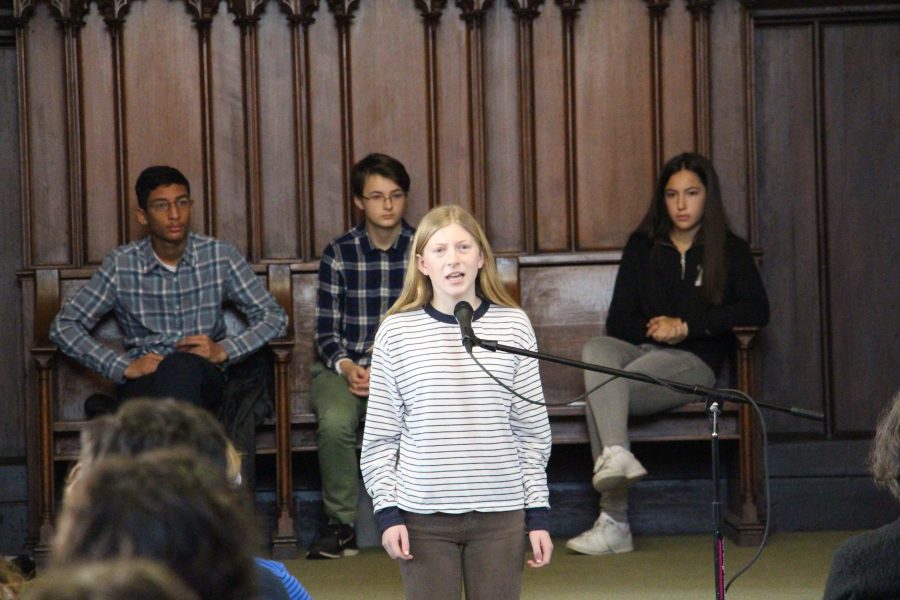 Freshman Madeline Zuckerman participates in Poetry Out Loud.