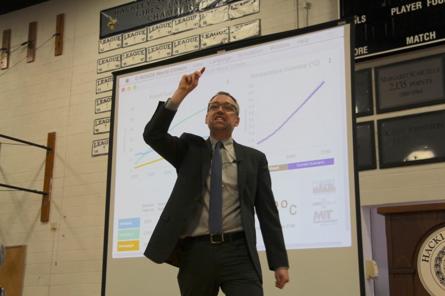 Wendt Lecturer Drew Jones leads Hackley students in a simulation activity of United Nations discussions on climate change. Mr. Jones used his simulator to show how different climate change agreements would affect the global climate.