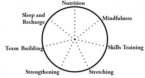 According to Director of Community Wellbeing Charles Colten, an athlete can use these seven principles and rank how well he or she promotes them, with one on the outside of the circle and 10 in the center. By connecting the dots, he or she can figure out where energy is needed to be a well-rounded athlete.