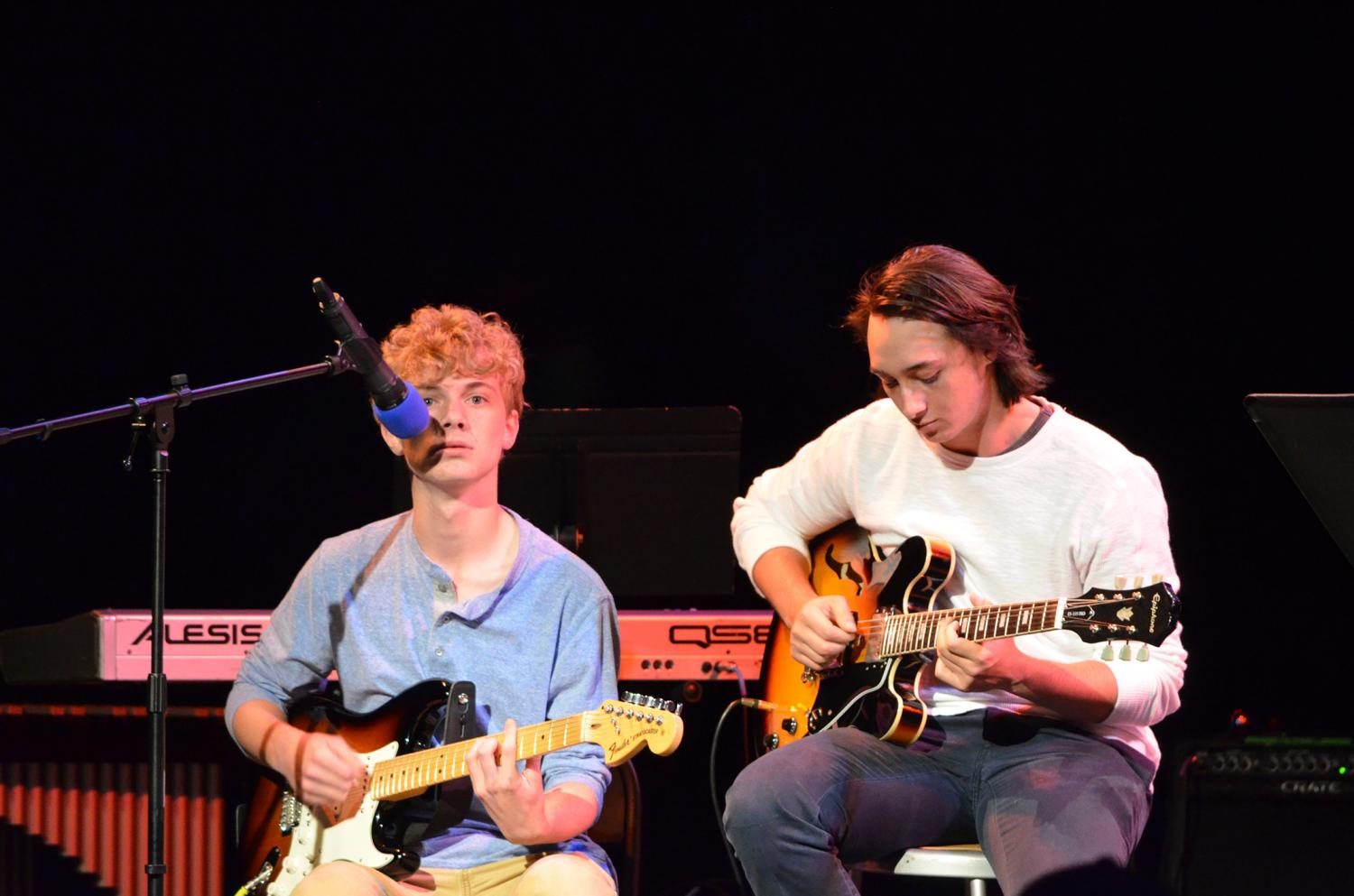 Seniors collaborated on many songs together taking advantage of their final performances to perform with friends.
Pictured above: Connor Wilke (left), and Jamie Leonard (right).