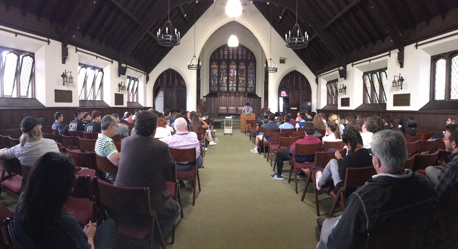 Students and faculty gather in the chapel to hear the junior speeches. During First Friday, the junior class was taught how to create and carry out an effective speech.
