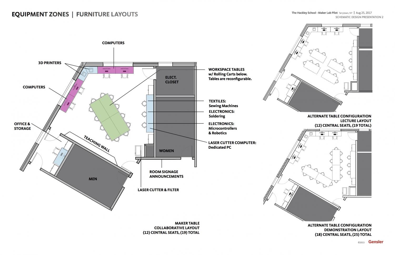 A blueprint for the basic layout of the Makerspace, including two alternative table formations.