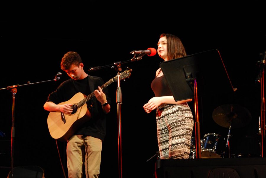 Richie Nuzum ’19 and Bea McColl ’18 perform Sam Smith’s “I’m Not the Only One” to an enthused audience. Richie is a member of this year’s house band while Bea worked behind the scenes throughout most of the night as the stage manager; a position also affectionately known as “Coffeehouse Goddess”.