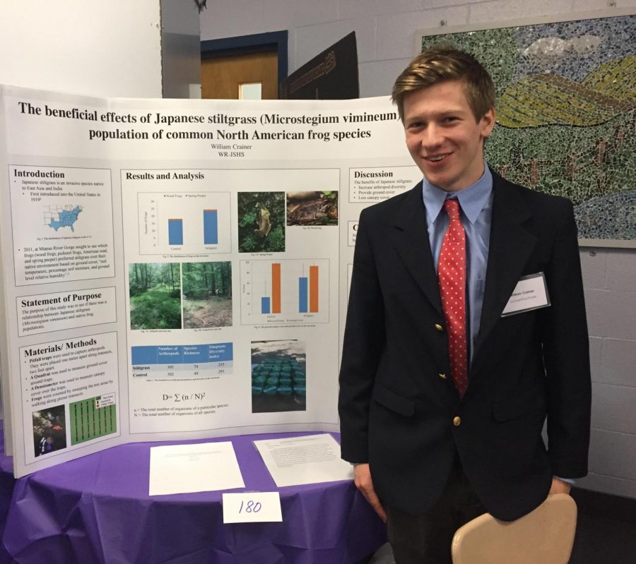 Will Crainer’s work at the Mianus River Gorge gives him many opportunities to create projects regarding his studies of frogs. He presents his poster on the effects of Japanese stilt grass on the population of North American frogs at a science competition.