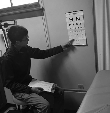Juniors Chris and David examine students’ vision
