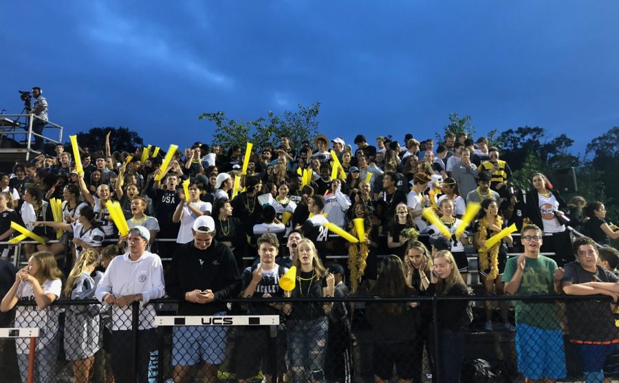 Students fill the bleachers to cheer on the Football team at the Fall Sting. The Football team came away with a 35-19 win over Poly Prep Country Day. The Athletic Department is working toward being able to host all JV and Varsity games on campus for Sting so that everyone can come support Hackley athletic teams. 