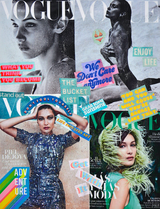 One of Louisas style of edits includes collages made from cut out magazine photos. She recently made a collage focussed on model Bella Hadid using her recent Vogue cover shoot paired with inspirational words to create this piece. 