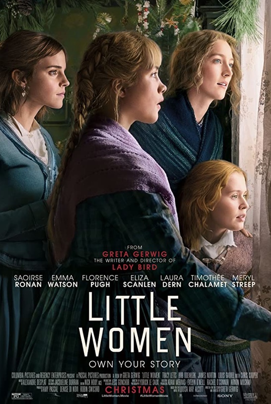 Pictured are the four main characters of Little Women: Meg (far left), Amy (center), Jo (right center) and Beth (far left). This is one of the official posters for the movie which portrays these four sisters standing together as they peer out the window. Despite their four distinct personalities as demonstrated slightly by their facial expressions, above is a moment of unity showing the closeness among them.