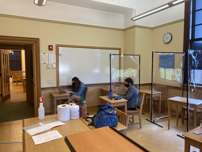 Whether it is during a free or during class, students social distance with dividers and spaced desks. Many of the classrooms around school have been completely transformed and cannot be recognized with new desk formations and many types of clear dividers. It is definitely an adjustment for students and teachers alike but students are staying safe!
