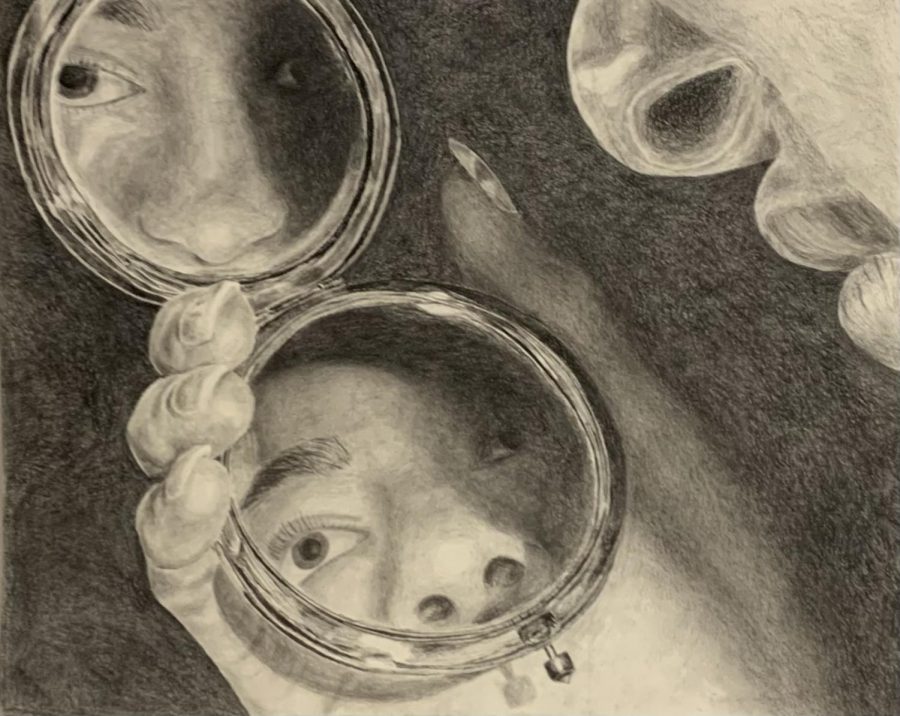 A piece of work from Annabelle's Senior AP art portfolio about reflection. This specific piece focuses on the subject holding and looking through a compact mirror.