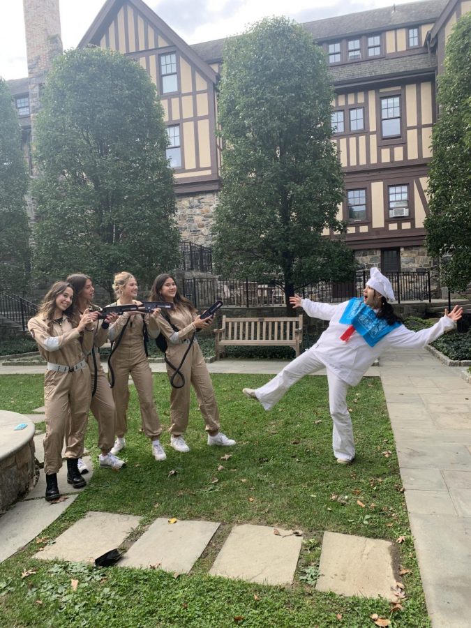 Five junior girls dressed up as characters from the film Ghostbusters. Many students in the Upper School wore costumes inspired by their favorite TV and movie characters.