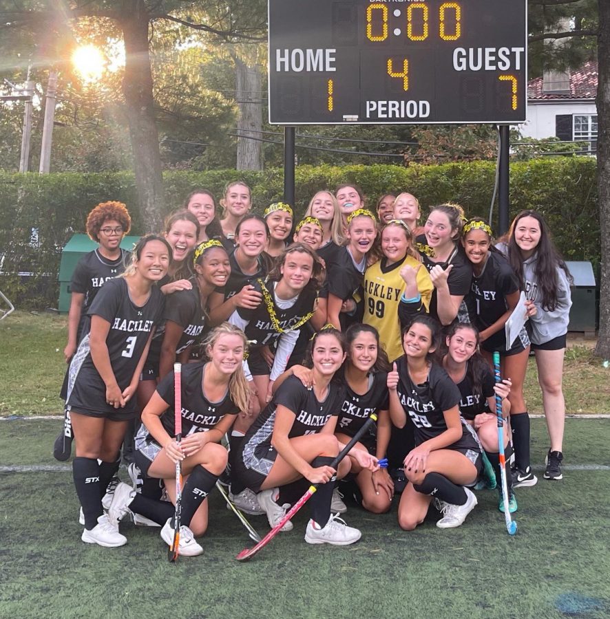 At the first league game played without senior captain, Colin Ives, the Hackley Varsity Field Hockey team won 7-1 against Horace Mann. We wore caution tape in our hair for every game following the ruling. This was a commentary on the leagues position of Colin as a hazardous player.
