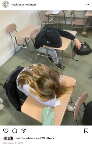 A photo of Caroline Didden and Jakob Wade are featured on an early post of @hackleyschoolnaps taking a nap before French class.