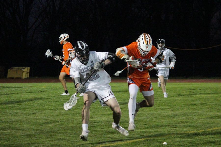 The crowd goes wild as Ryan Thompson(22) delivers a massive hit to a Fieldston player on a ground ball. The athletic senior was able to provide a sense of calm while remaining physically dominant over his Fieldston counterpart in Hackleys emphatic 14-3 win. 