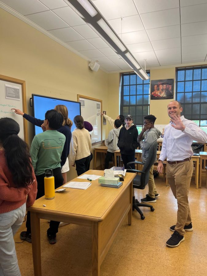 Mr. Knopf is teaching a ninth-grade world History class. He often allows his students to use things in the classroom and talk things out, to further understand the material.