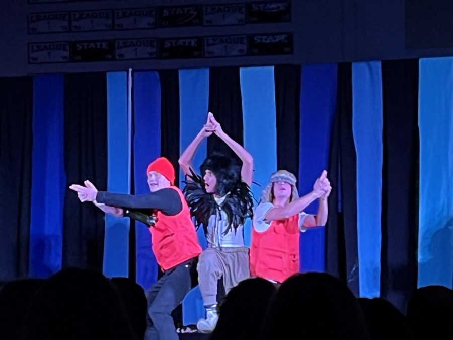 Junior David Linnett , and seniors Cole Silpe and Arjan Sandhu preforming their amazing and hilarious roles as lost boatsmen and Prosperos servant to the audience.