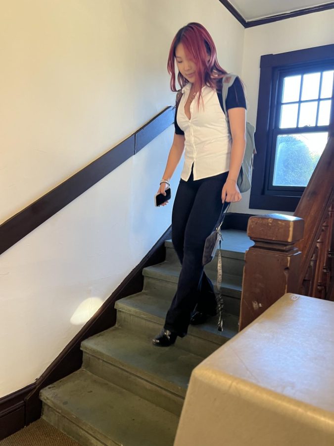 At 7:50 a.m. Hailey comes down the stairs from the boarding quarters ready for the day and ready to attend homeroom.