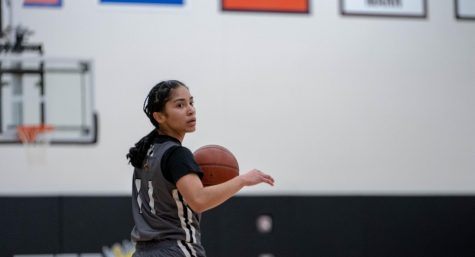 Junior Captain Alessa Mendoza surveys the court in order to make the right pass. Alessa added a game high 23 points for the team.