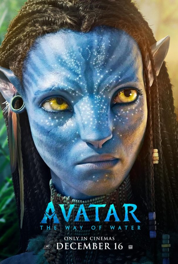 Poster of Avatar: The Way of Water featuring main character Neytiri. The movie follows Neytiri and her family as they fight to save their world from humans. 