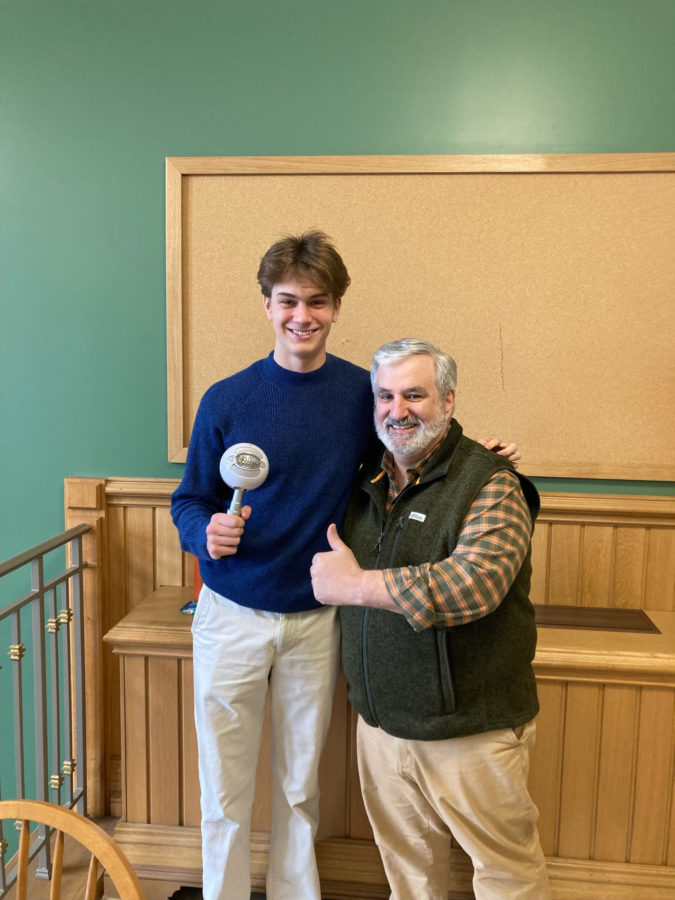 Senior Fritz Laurwauld and Mr. Ruocco pose after filming their podcast episode. In their recent podcast, the two discussed Mr. Ruoccos journey to becoming a teacher and the importance of creating bonds with his students.