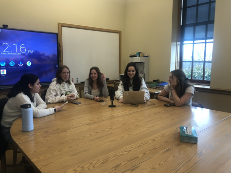 As co-leaders of Hackleys Active Minds chapter, (from left) Sabrina Reyes, Sofia DeSpirito, Reagan Beagley, Eliza Podvalny, and Remi Myers, record a podcast that provides the community with advice and resources surrounding wellbeing. In their most recent episode, Active Minds discussed Spring Break, daylight savings, and the upcoming AP exam period. To incentivize their listeners, club members put together a small self care giveaway mentioned towards the end of the episode.
