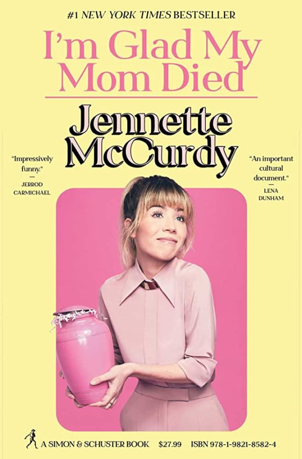The cover of Im Glad My Mom Died by Jennette McCurdy. On the cover she is seen holding her mothers ashes that are filled with confetti to show how she felt in the moment while also trying to be more respectful about her mothers death.