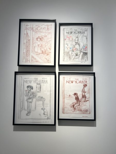 Illustrations from the cover of the New Yorker, located in the Philippe Labaune Gallery. These drawings are first drafts, as well as loose sketches of popular cartoons that we know and love today. Artists take these simple sketches, and transform them into beautiful drawings that eventually get displayed on the magazines cover.