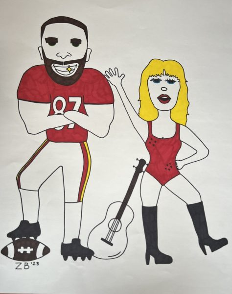 Sophomore artist Zion Bennett drew a portrait of Taylor Swift and Travis Kelce displaying their professions; Kelce with a football and Swift with a guitar. 