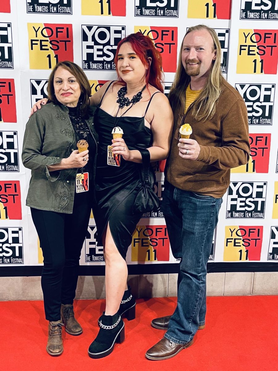 Melissa at the YoFi Fest where her film won an Audience Choice Award. Pictured from left to Doris Benitez (Melissas mother and Helado producer), Melissa,  and Helado producer Brendyn Smyth.