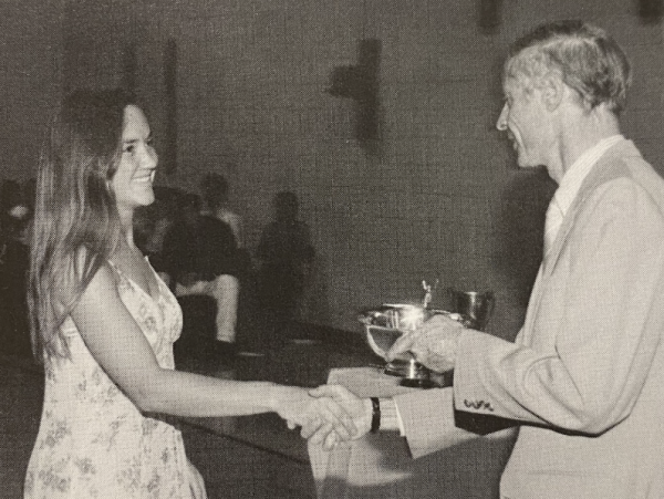 Dr. Sarah Davis was an outstanding but also a superb athlete. She received numerous awards throughout her time at Hackley during Class Day. Here, Dr. Sarah Davis received the Hackley Bowl in 1994 for being an outstanding junior for her class.