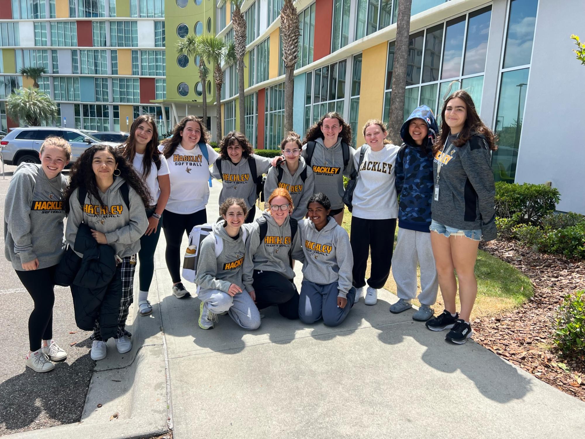 The softball team poses in front of their hotel before heading to practice. The team bonded deeply and those bonds have begun to show in the teams on-field improvement. Many suspect that the team has the capability to win an Ivy League Championship. 