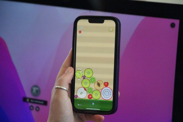 The users screen features a score counter, watermelon counter, timer, and options button. The game strategically omits the inclusion of the real time at the top of the screen. This adds to the flow effect of the game, keeping users absorbed in playing rather than aware of their surroundings.