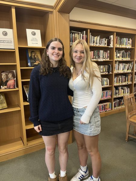 Sophomores Kate Masters and Ella Ferrari both style a jean skirt. Their outfits are very different as well as the color of their skirt showing the versatility of the skirt. Due to this factor, it is one of the main reasons why so many people on the hilltop are sporting one this fall.