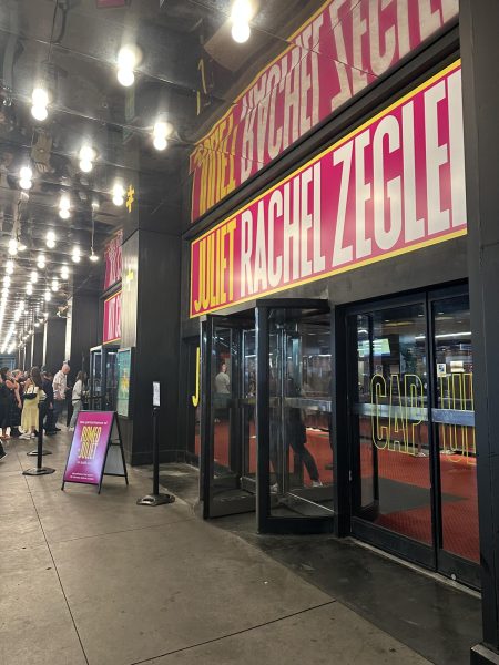 "Romeo + Juliet" is playing at the Circle in the Square Theatre in Manhattan. There was a line around the block about 40 minutes before the show that moved pretty quickly. Inside the theater, there were concessions and merchandise. 