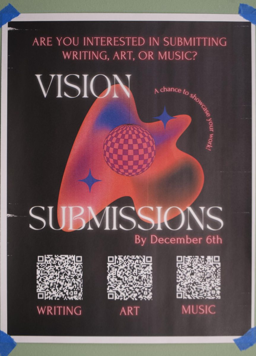 After the launch party, the Vision staff released posters to signify the start of submission season. In the poster are QR codes to google forms, where students can submit their writing, art, or music. These posters are located across campus; for example, hallways in the Raymond building have these Vision posters decorating its walls.