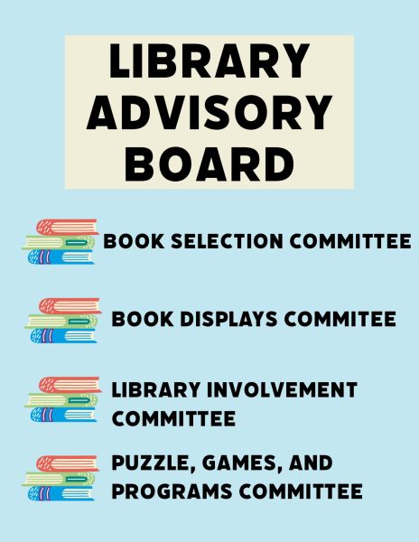 The Library Advisory Board is comprised of four new committees to have student input. These four committees aim to increase student involvement throughout the school. These committees have already made large impacts to the library.