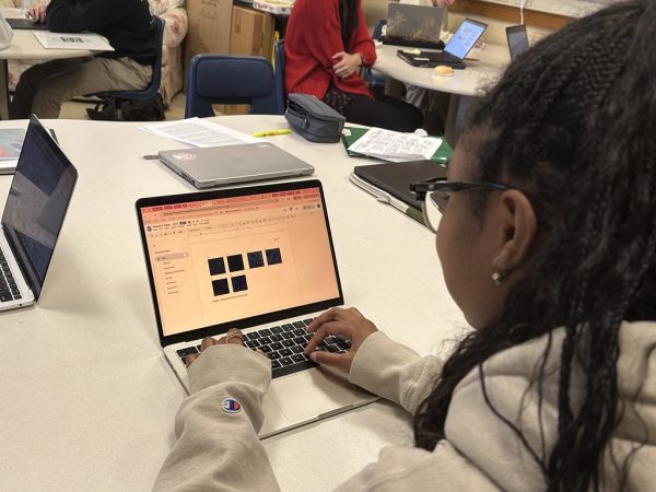 Senior Nima Jones works on her research paper. Over the summer, she created a disease model of fat and bone cells to help find a healthy baseline of  those cells. She plans to submit her research paper to the Columbia Junior Science Journal and the PennScience High School Journal.