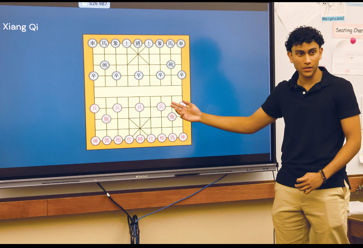 Senior Rohan Krishna presented his project "Chess and its Ancestors: A Historical Journey from Ancient Chaturanga to Modern Play" at the 4th Annual Hackley Research Symposium in May 2025. In the symposium, students in ISRP, IRH, IRH, IROHS, and students with the Russ Hogg presented in classrooms across the school. They had to condense a year's worth of work into fifteen-minute presentations for students, faculty, and parents to watch. Photo courtesy of Priya Krishna.