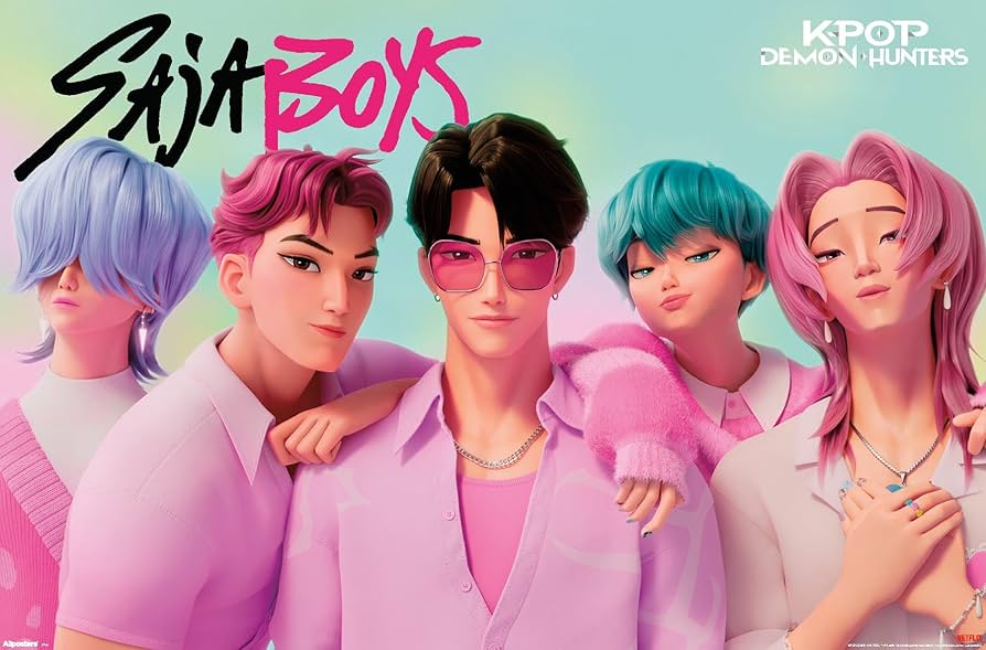 The boy group, the Saja Boys, balance their lives between working as a KPop group and Demons, working for their evil king.
From left to right they are Mystery, Abby, Jinu, Baby, and Romance.