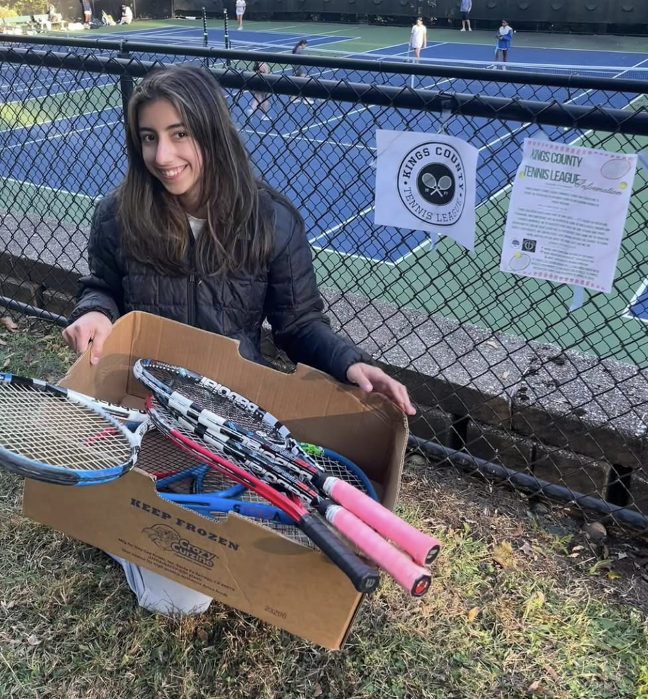 Riya posted flyers by the tennis courts with boxes encouraging parents and families to donate rackets to KCTL. She also wrote an email explaining the mission of KCTL and how they can help contribute. (Photo courtesy of Riya Monday)