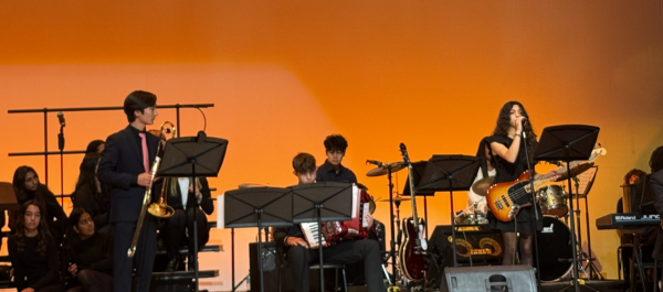 The Jazz Combo #2 performed "Autumn Leaves" by Joseph Kosma. Junior Mai Maikel both sang and played the bass. Other instruments used were the trombone, accordion, piano, and drums. The audience was blown away as they watched the five instruments seamlessly blend into one melody.