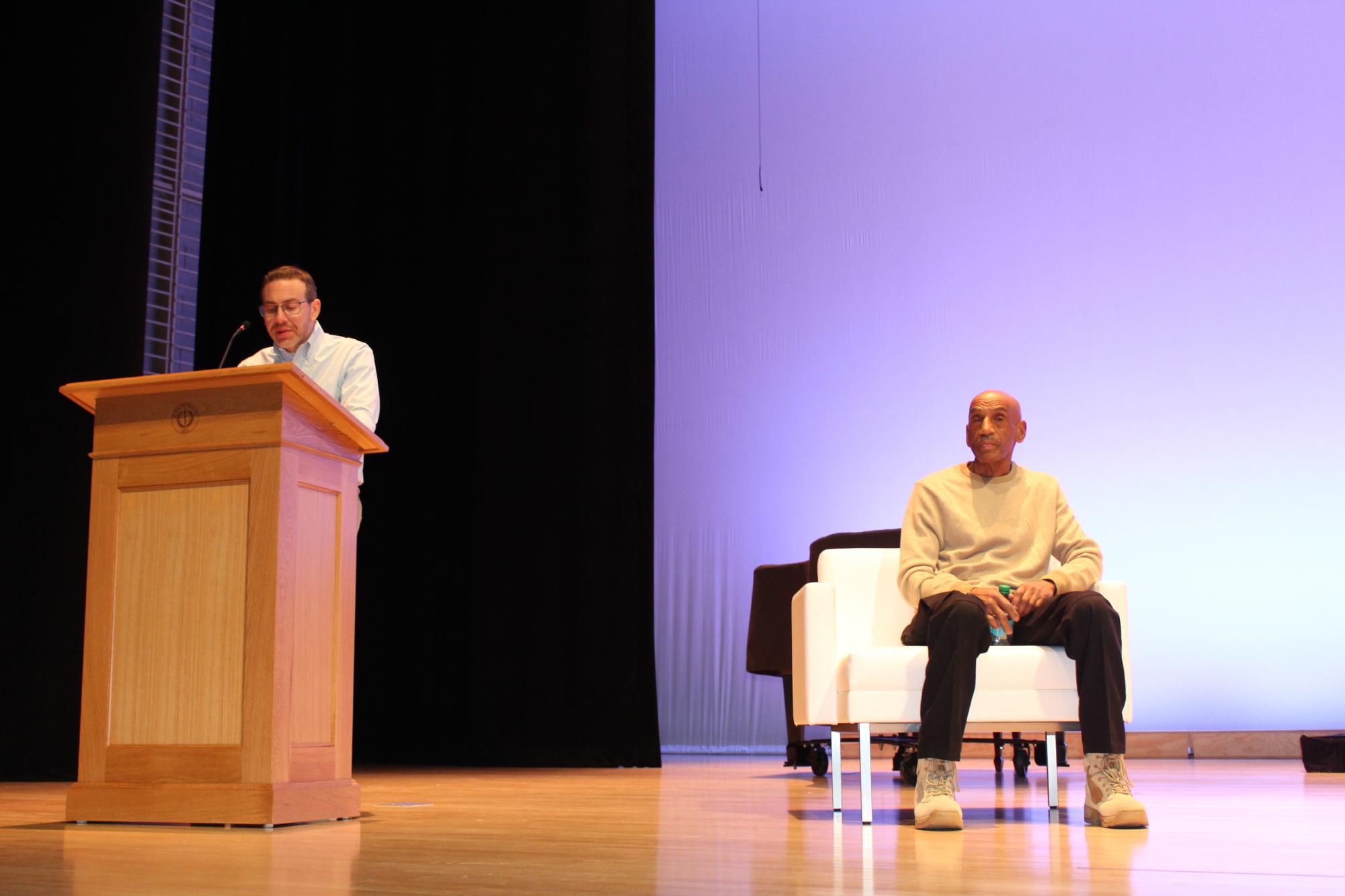 American Law teacher and Hackley's connection to the Innocence Project, Mr. Bass, introduced the Innocence Project and its connection to Hackley. He then brought Julian up to introduce Mr. Mingo specifically.
