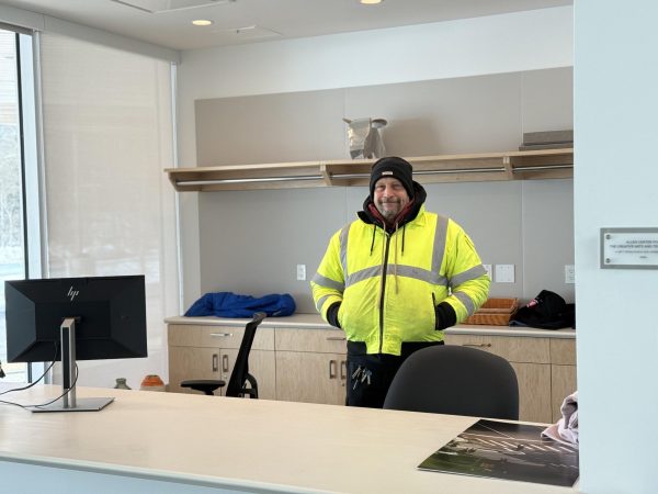 Stationed at the Allen Center for Creative Arts and Technology, security guard Edwin Melendez is watching the security cameras. He often buzzes in students who have lost their keycards. He is one of the many security guards positioned near the entrance of our buildings.