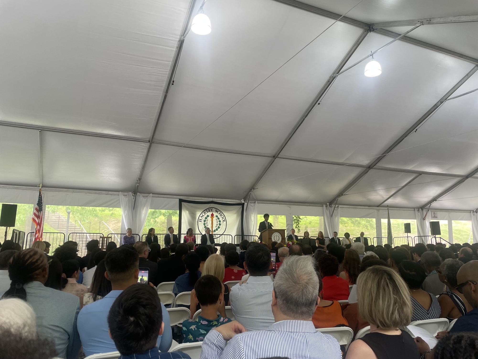The salutatorian this year was Elan Suttiratana. He gave a speech about connecting to his grade throughout the years, especially when it came to fostering what may be unlikely friendships.  After his speech, the valedictorian, Sophie Huang, delivered her speech.
